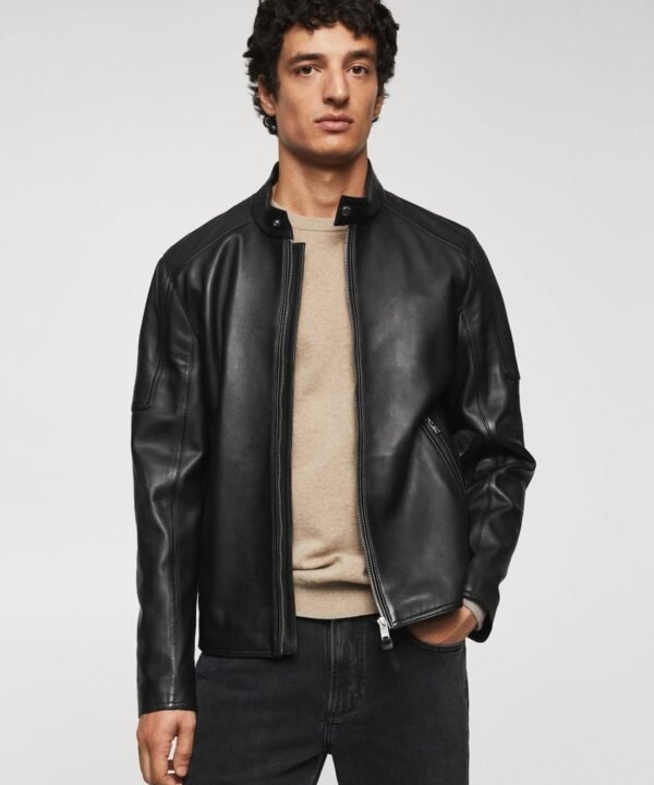 Zip-detail leather biker jacket